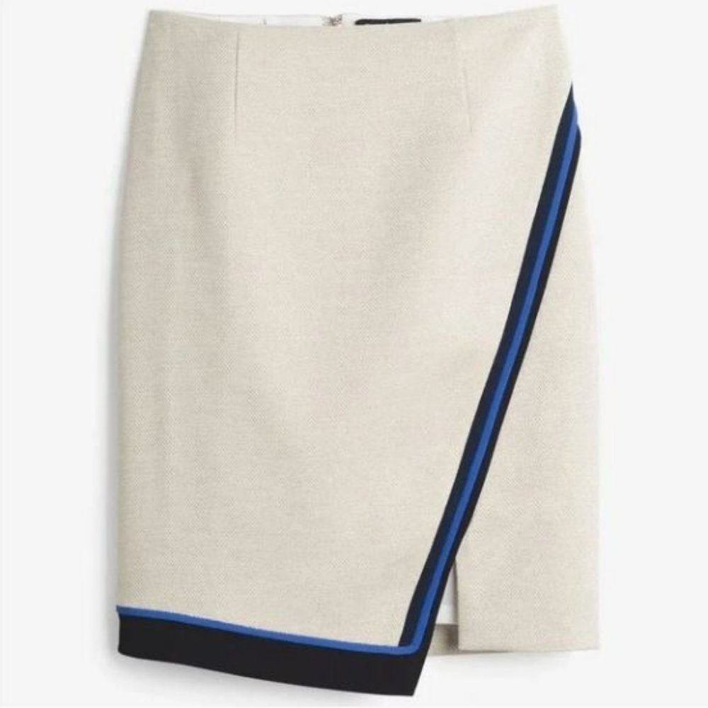Beige Blue Asymmetrical Wrap Pencil Skirt White House Black Market